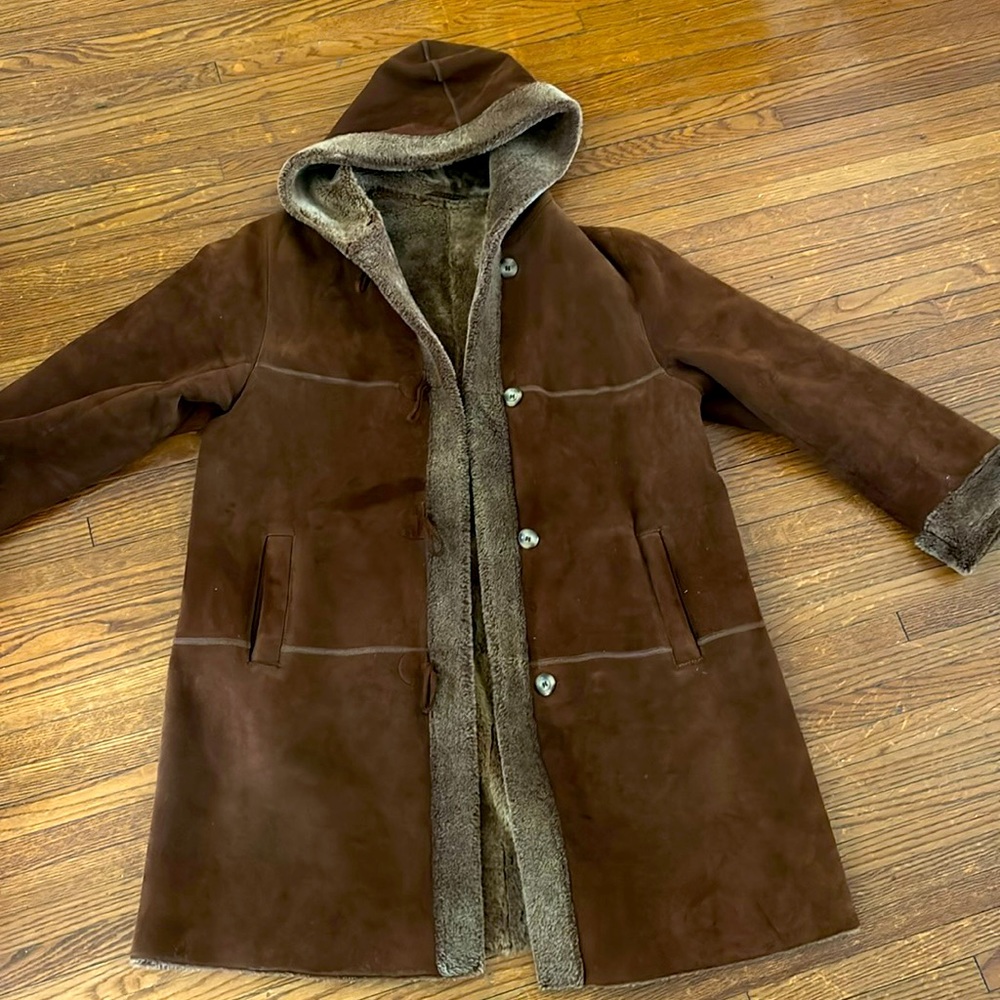 Suede Shearling Coat. Size Large